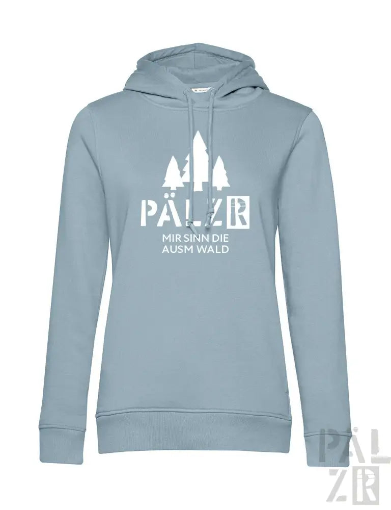 Hellblaues Hoodie mit weißem Baum-Design und Text „pälzr mir sinn die ausm wald“