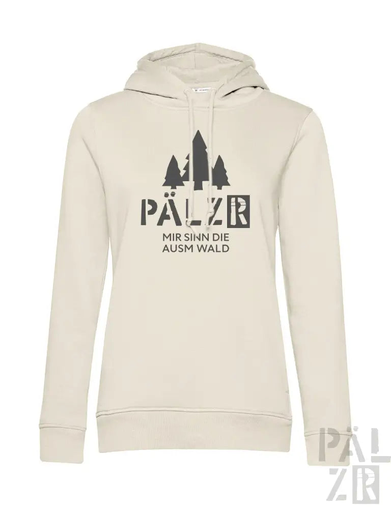 Cremeweißer Hoodie mit schwarzem Baum-Design und Text „pälzr mir sinn die ausm wald“ auf der Vorderseite.