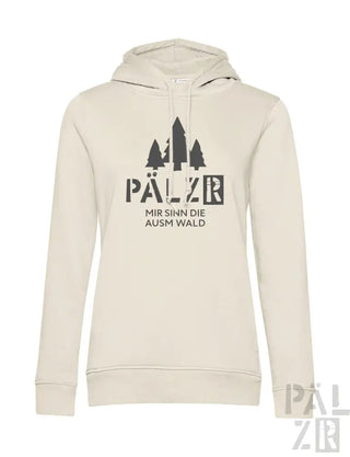 Cremeweißer Hoodie mit schwarzem Baum-Design und Text „pälzr mir sinn die ausm wald“ auf der Vorderseite.