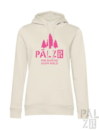 Cremeweißer Hoodie mit pinkem Text und Design mit Bäumen, ’pälzr’ Logo.