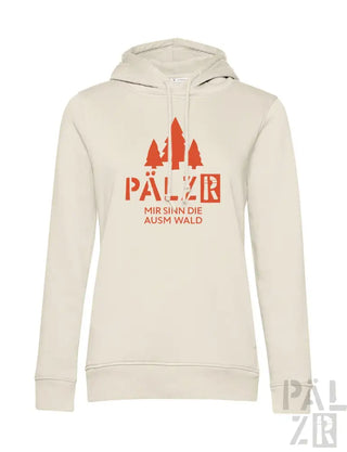 Cremeweißer Hoodie mit rotem Baum-Design und Text „pälzer mir sind die ausm wald“ auf der Vorderseite.