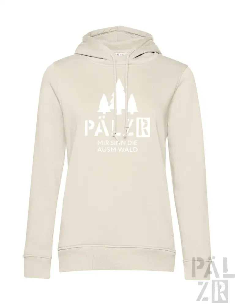 Creme-farbene Kapuzenjacke mit weißer Baum-Silhouette und Text-Design.