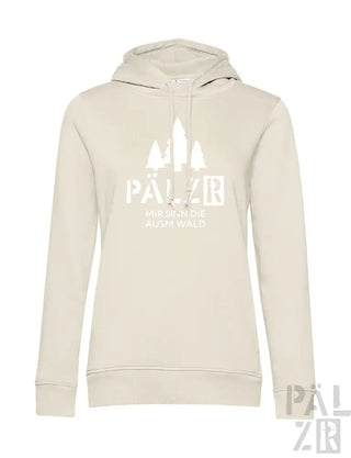 Creme-farbene Kapuzenjacke mit weißer Baum-Silhouette und Text-Design.