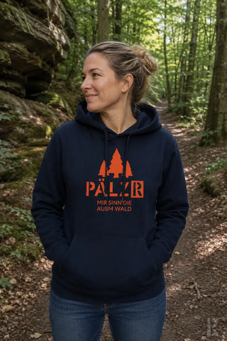 Frauen hoodie navy blau mit orangebaum und textgrafik mir sinn die ausm wald creme logo weiß auf der rückseite