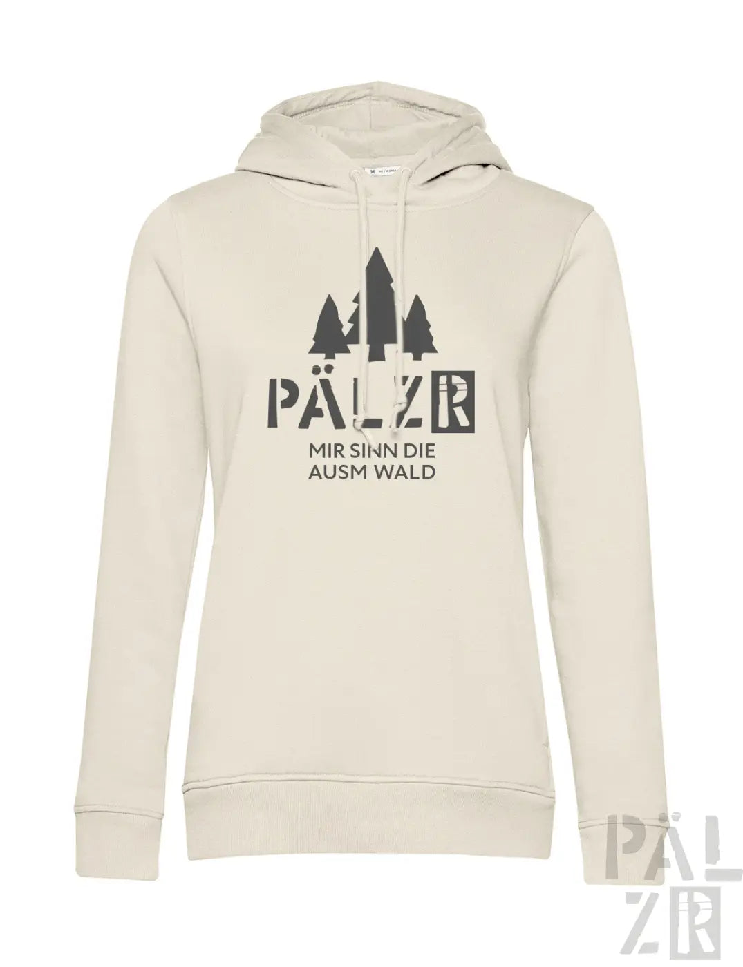 Beige frauen hoodie mit kapuze und schwarzem waldmotiv cremefarbener stoff mit weißem logo vorne