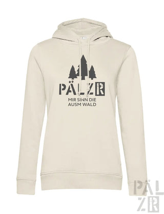 Beige frauen hoodie mit kapuze und schwarzem waldmotiv cremefarbener stoff mit weißem logo vorne