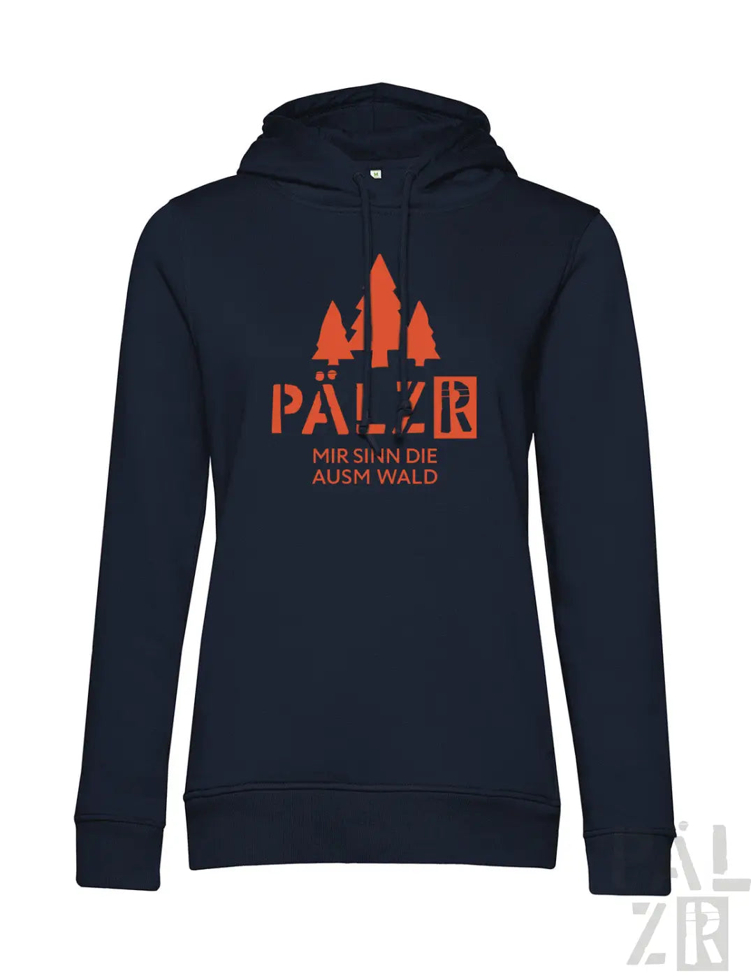 Frauen navy blaue hoodie mit orangefarbenem waldgrafikprint und text pälzr mir sind die ausm wald auf der rückseite
