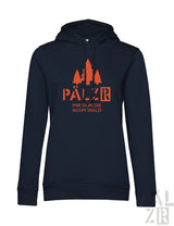 Frauen navy blaue hoodie mit orangefarbenem waldgrafikprint und text pälzr mir sind die ausm wald auf der rückseite