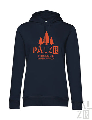 Frauen navy blaue hoodie mit orangefarbenem waldgrafikprint und text pälzr mir sind die ausm wald auf der rückseite