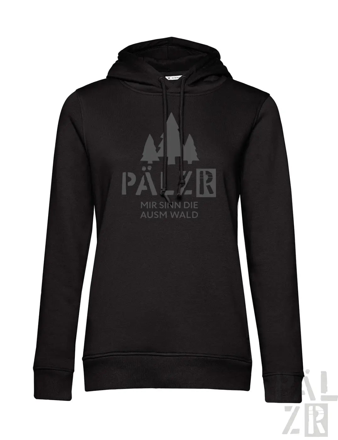 Frauen hoodie in schwarz mit grauem baummotiv und text pälzer mir sind die ausm wald auf der brust