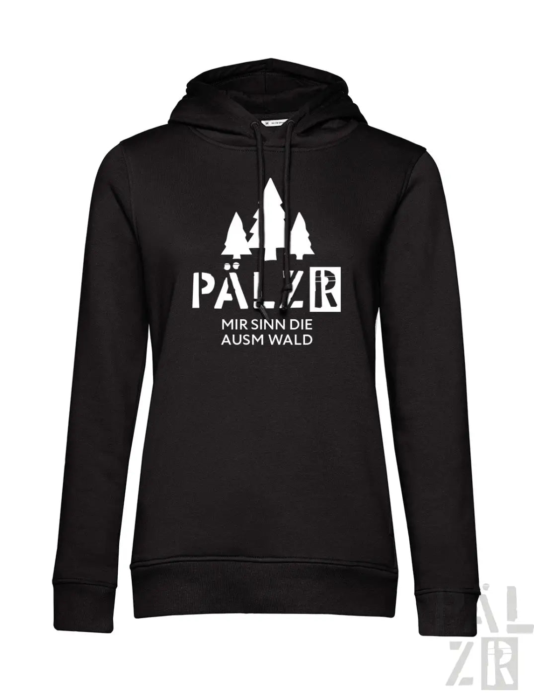 Frauen hoodie in schwarz mit weißem grafikdruck bäume und text pälzer mir sinn die ausm wald