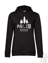 Frauen hoodie in schwarz mit weißem grafikdruck bäume und text pälzer mir sinn die ausm wald