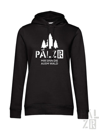 Frauen hoodie in schwarz mit weißem grafikdruck bäume und text pälzer mir sinn die ausm wald