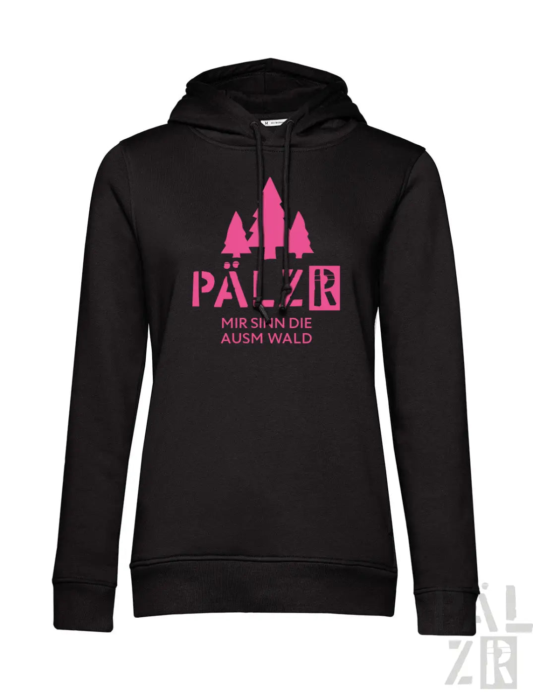 Schwarzer frauen hoodie mit pinkem baummotiv und text pälzer mir sind die auswald creme logo weiß hinten