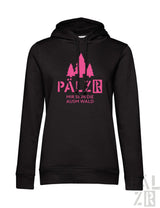 Schwarzer frauen hoodie mit pinkem baummotiv und text pälzer mir sind die auswald creme logo weiß hinten