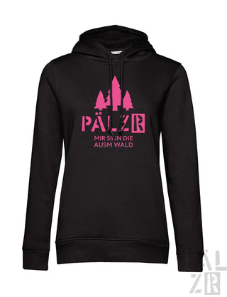 Schwarzer frauen hoodie mit pinkem baummotiv und text pälzer mir sind die auswald creme logo weiß hinten