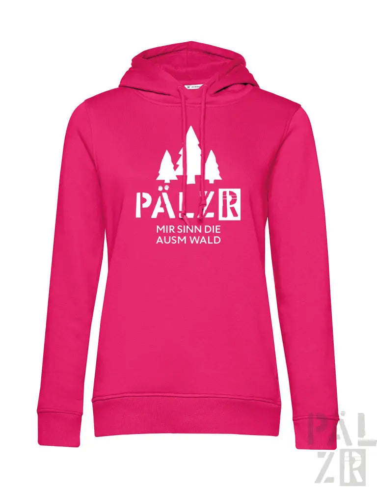 Rosa Hoodie mit weißem Grafikdesign mit Bäumen und Text „pälzer mir sinn die ausm wald“
