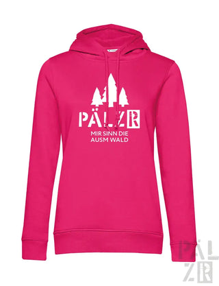 Rosa Hoodie mit weißem Grafikdesign mit Bäumen und Text „pälzer mir sinn die ausm wald“