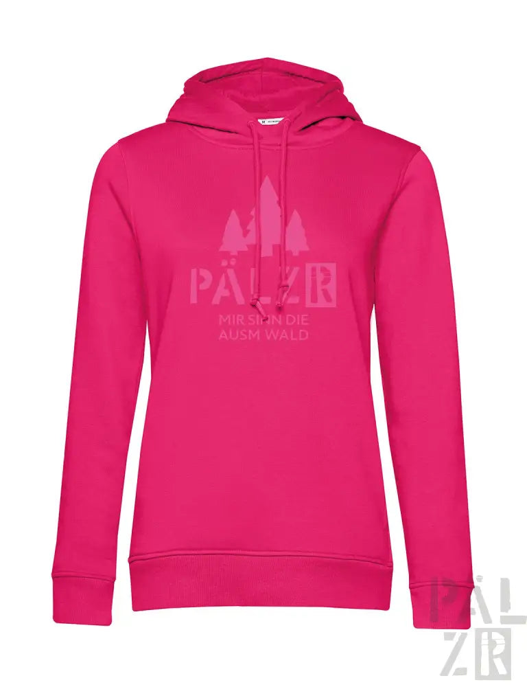 Rosa Hoodie mit Baum-Design und Text „pälz“ auf der Vorderseite.