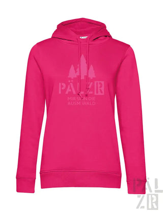 Rosa Hoodie mit Baum-Design und Text „pälz“ auf der Vorderseite.