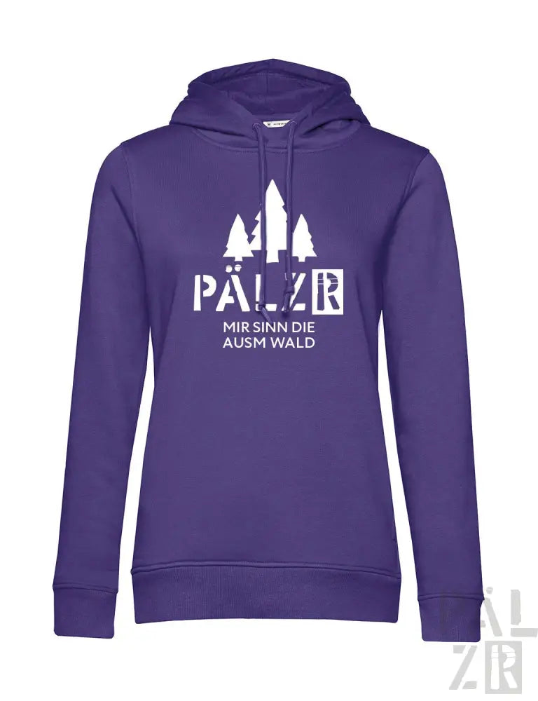 Lila Hoodie mit weißem Grafikdesign mit Bäumen und Text „pälzer mir sinn die ausm wald“