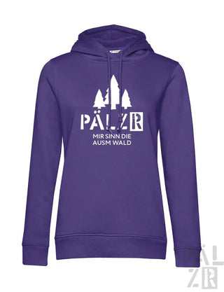 Lila Hoodie mit weißem Grafikdesign mit Bäumen und Text „pälzer mir sinn die ausm wald“