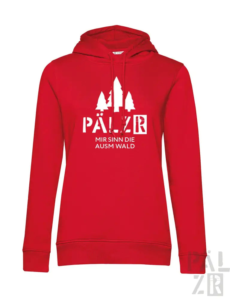 Roter Hoodie mit weißem Text und Design mit Bäumen, ’pälzer’ und dem Spruch ’mir sinn die ausm wald’ darauf.