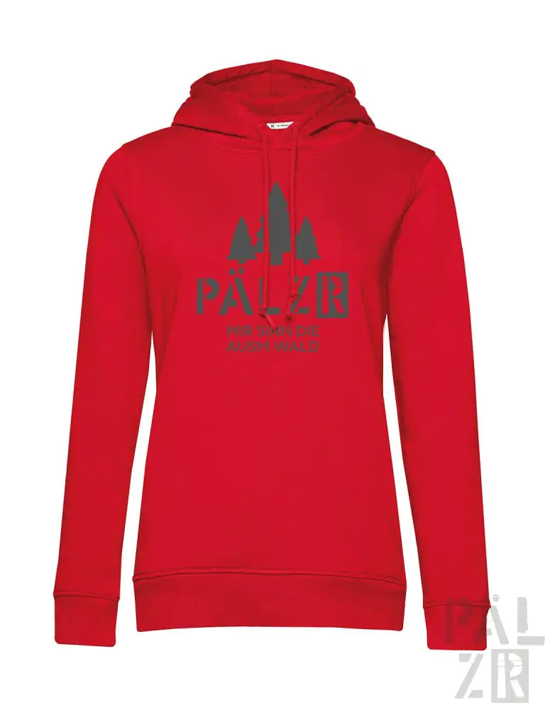 Roter Hoodie mit ’palzo’-Logo und Baumdesign, aus Baumwolle gefertigt.