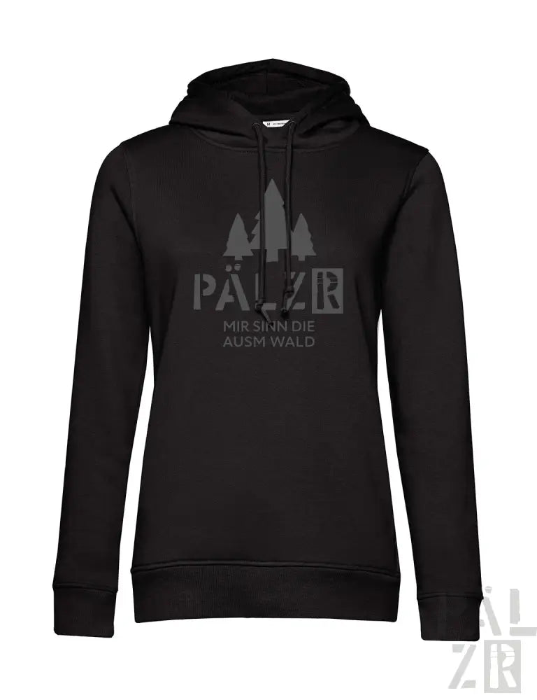 Schwarze Kapuzenjacke mit silbernem Text und Design, das eine Burg-Silhouette zeigt.