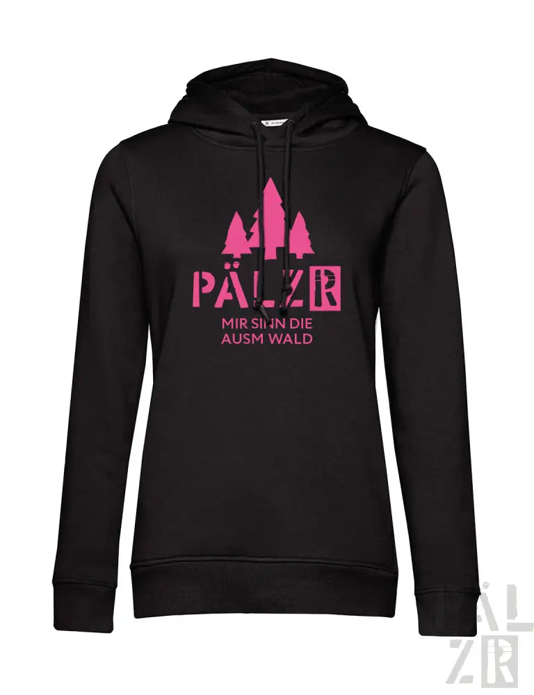 Schwarzer Hoodie mit pinkem Text und Design, das eine Schloss-Silhouette zeigt.