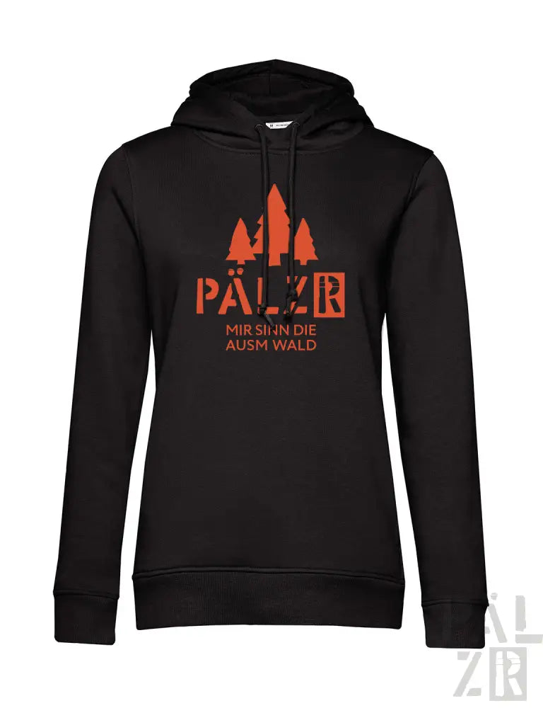 Schwarzes Hoodie mit orangefarbenem Text und Design, mit ’pälzer’ Logo.