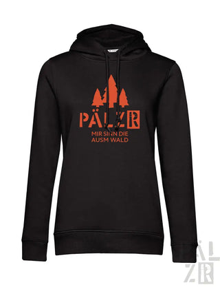 Schwarzes Hoodie mit orangefarbenem Text und Design, mit ’pälzer’ Logo.