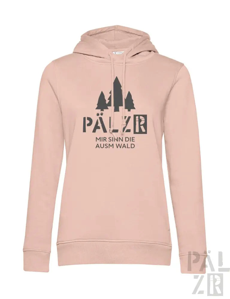 Hellrosa Hoodie mit Baum-Design und Text „pälzr mir sên die ausm wald“ auf der Vorderseite.