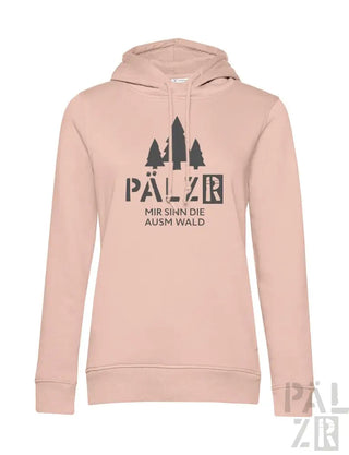 Hellrosa Hoodie mit Baum-Design und Text „pälzr mir sên die ausm wald“ auf der Vorderseite.