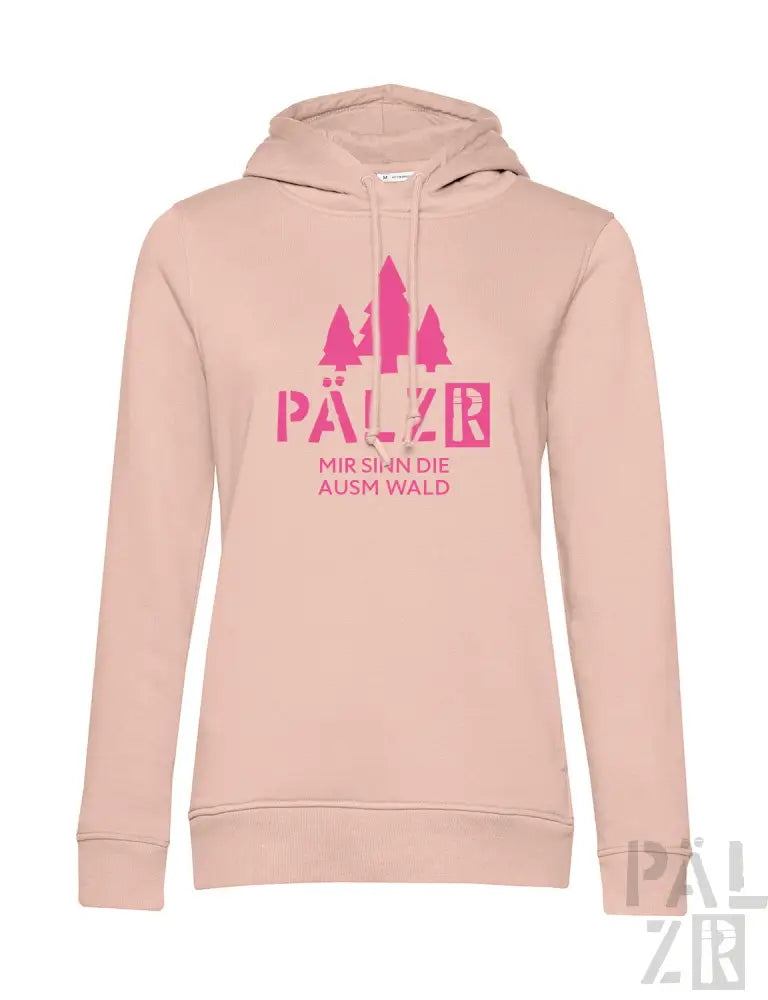 Staubrosafarbenes Hoodie mit pinkem Text und Design, das die Silhouette eines Schlosses, Bäume und den Spruch ’pälzer mir sähne ausm wald’ darauf zeigt.