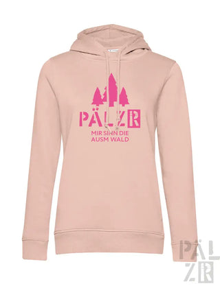Staubrosafarbenes Hoodie mit pinkem Text und Design, das die Silhouette eines Schlosses, Bäume und den Spruch ’pälzer mir sähne ausm wald’ darauf zeigt.