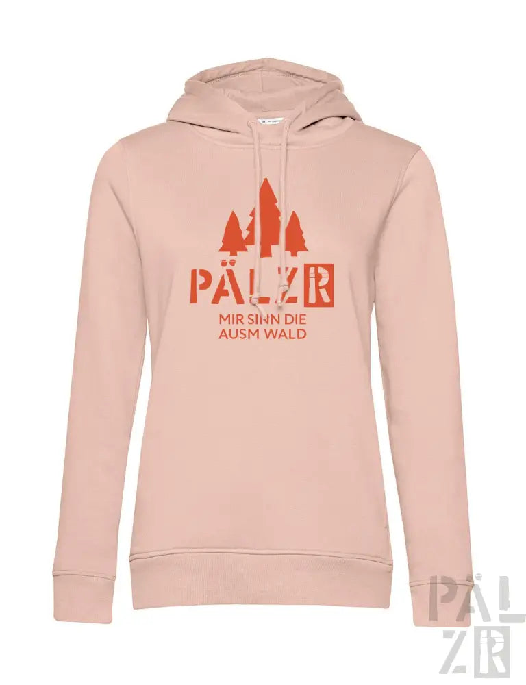 Hellrosa Hoodie mit Waldmuster und Text „pälzr“ in Orange.