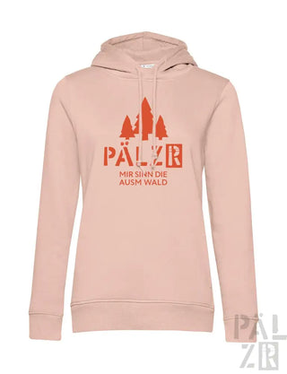 Hellrosa Hoodie mit Waldmuster und Text „pälzr“ in Orange.