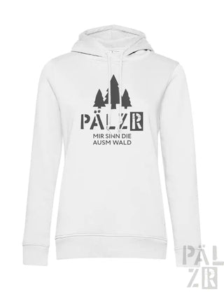 Weißes Hoodie mit schwarzem Baum-Design und Text „pälzr mir sinn die ausm wald“ auf der Vorderseite.