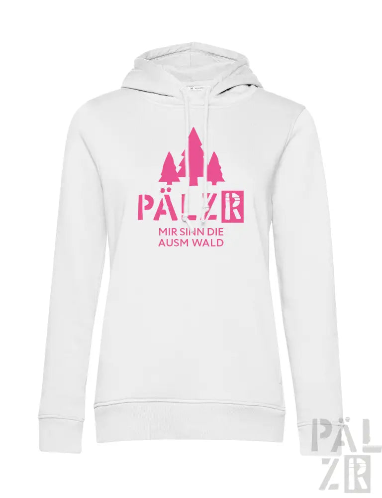 Weißes Hoodie mit pinkem Text und Design mit Bäumen.