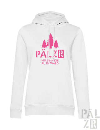 Weißes Hoodie mit pinkem Text und Design mit Bäumen.