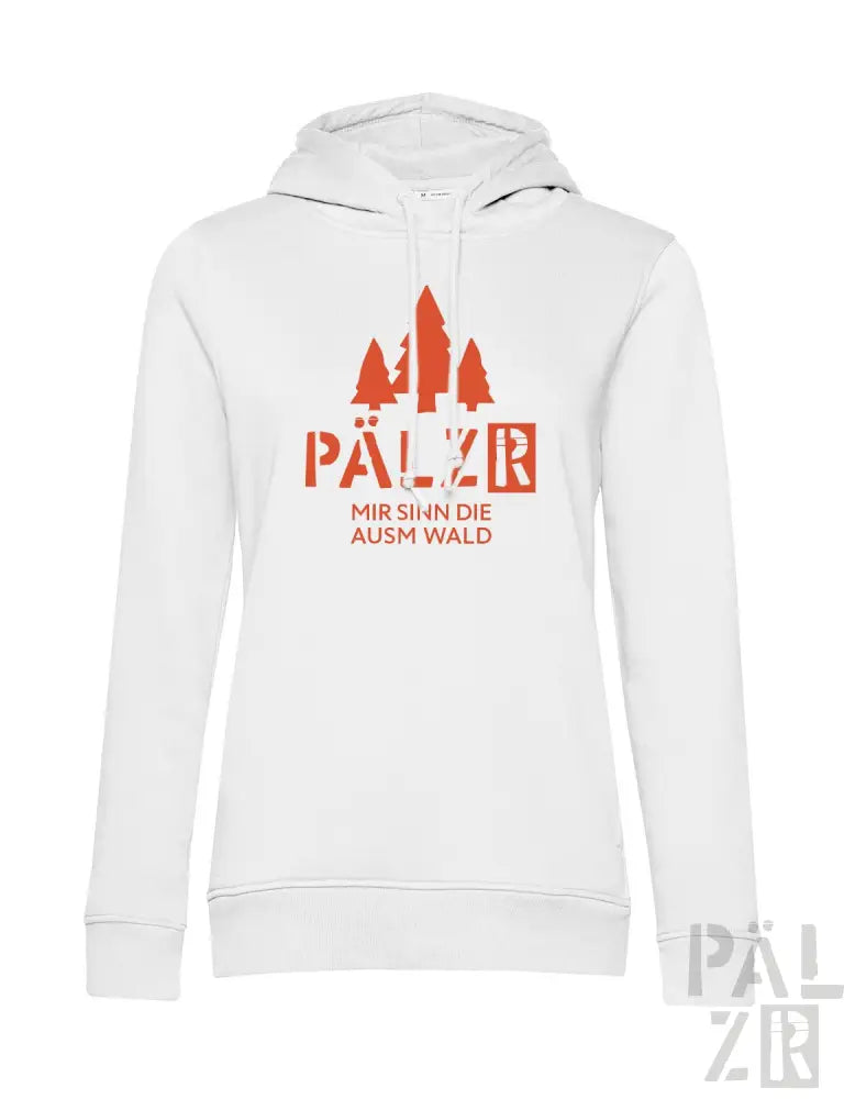 Weiße Kapuzenjacke mit rot-orange gestaltetem Design mit Bäumen, Text ’pälzr’ in fetten Buchstaben.