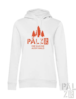 Weiße Kapuzenjacke mit rot-orange gestaltetem Design mit Bäumen, Text ’pälzr’ in fetten Buchstaben.