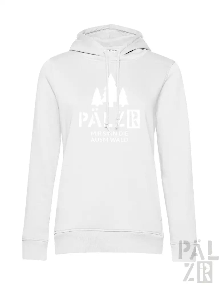 Weißes Hoodie mit ’palzir’-Logo und Raketenschiff-Design auf der Vorderseite.