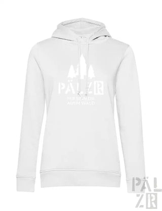 Weißes Hoodie mit ’palzir’-Logo und Raketenschiff-Design auf der Vorderseite.