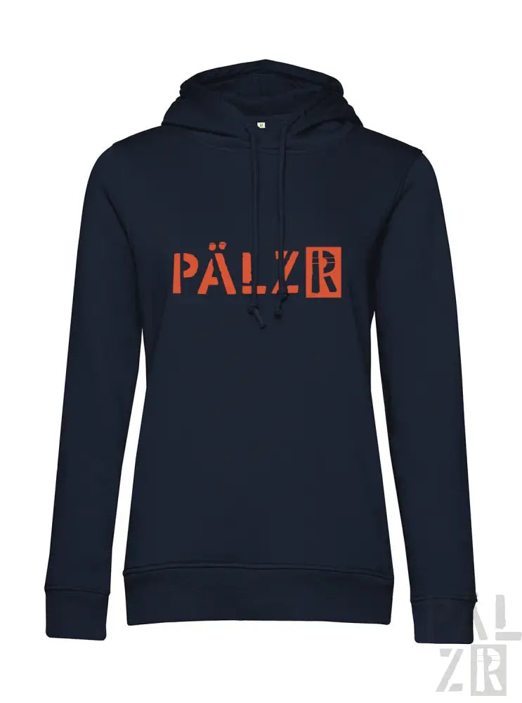 Marineblaue Kapuzenjacke mit orangem ’pälzr’-Logo und Kapuze.