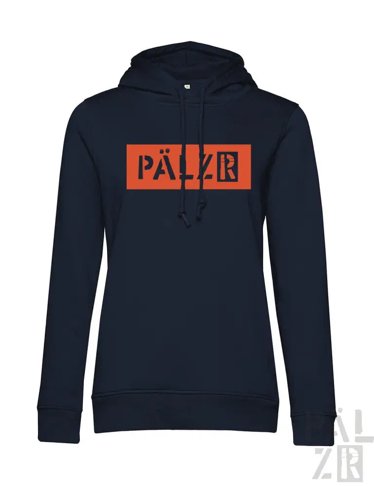 Marineblaue Kapuzenjacke mit orangem „pälzr“-Logo und Kordelkapuze.