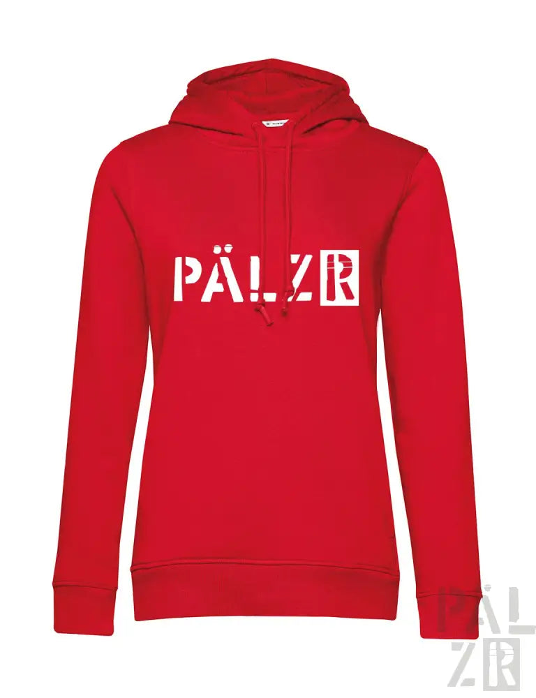 Rote Kapuzenjacke mit ’pälzr’ Textdesign, aus Fleece-Material gefertigt.