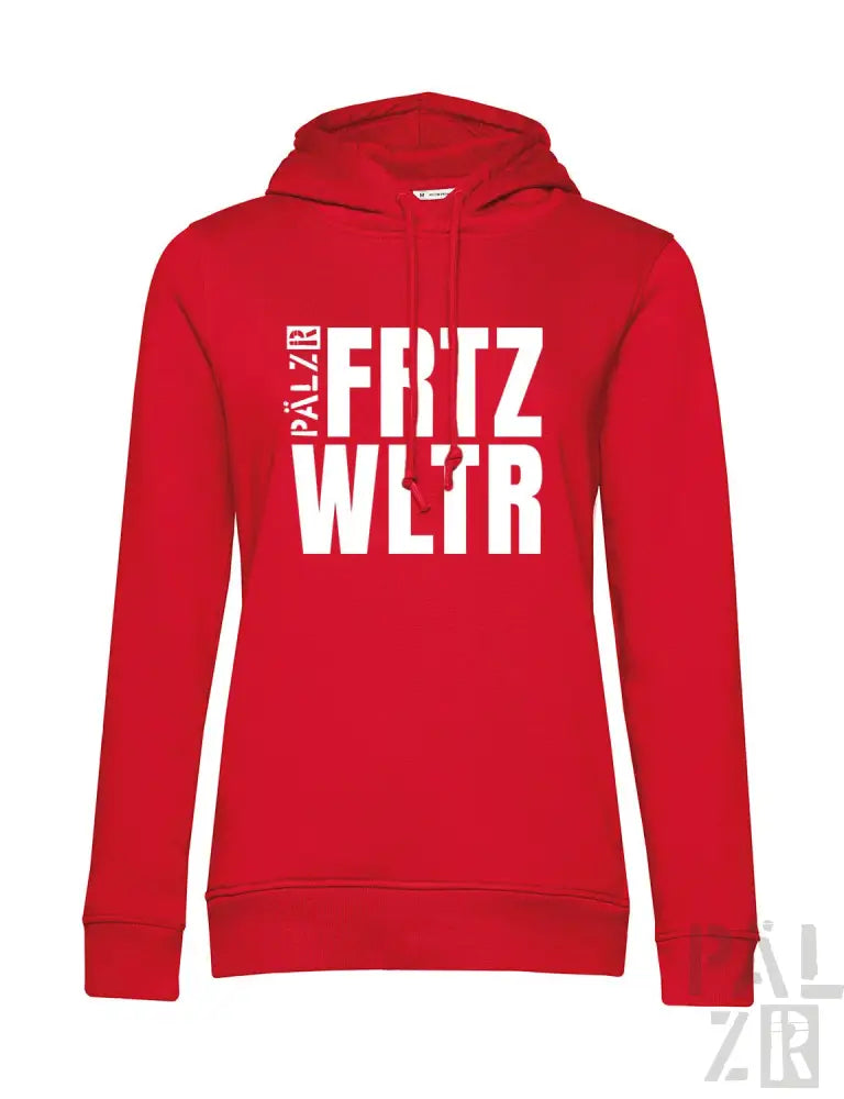 Rote Kapuzenjacke mit ‘fritz’- und ‘wltr’-Design, wahrscheinlich aus Baumwolle oder Polyester-Mischung.