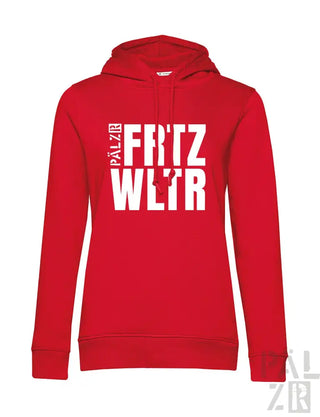 Roter Hoodie mit ’fritz’ und ’wltr’ Design, wahrscheinlich aus Baumwolle oder Polyester-Mischung.